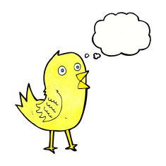 cartoon tweeting bird with thought bubble N7