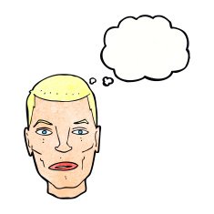 cartoon serious male face with thought bubble N11