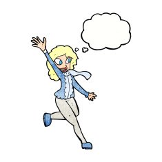 cartoon woman waving dressed for winter with thought bubble N11