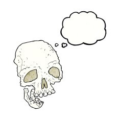 cartoon ancient spooky skull with thought bubble N7