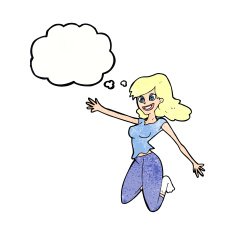 cartoon jumping woman with thought bubble N11