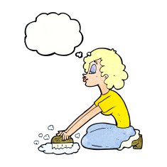 cartoon woman scrubbing floor with thought bubble N9