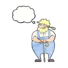 cartoon farmer leaning on walking stick with thought bubble N7