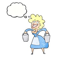 cartoon milkmaid carrying buckets with thought bubble N11