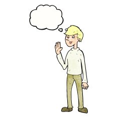 cartoon waving man with thought bubble N40