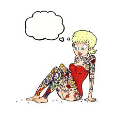 cartoon tattoo girl in swimsuit with thought bubble N9