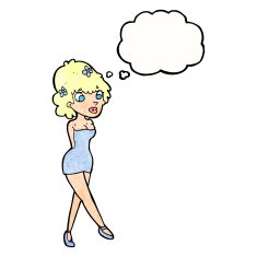 cartoon woman posing in dress with thought bubble N39