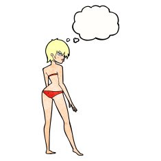 cartoon woman in bikini with thought bubble N59