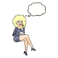 cartoon office woman sitting with thought bubble N11