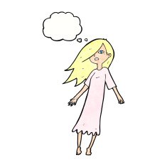 cartoon ghost like girl with thought bubble N10