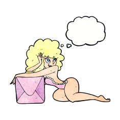 cartoon pin up woman with box thought bubble N10