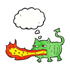 cartoon fire breathing imp with thought bubble N10