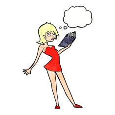 cartoon woman reading book with thought bubble N11