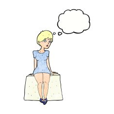 cartoon curious woman sitting with thought bubble N11