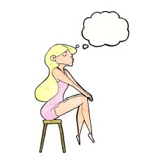 cartoon woman sitting on stool with thought bubble N21