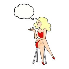 cartoon woman sitting on bar stool with thought bubble N21