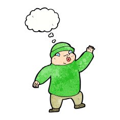 cartoon man in hat waving with thought bubble N11