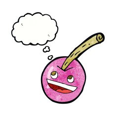 cartoon pink cherry symbol with thought bubble N3
