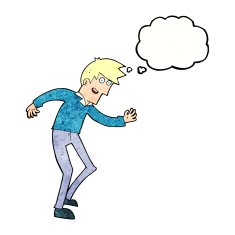 cartoon happy man dancing with thought bubble N40