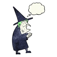 cartoon ugly old witch with thought bubble N8
