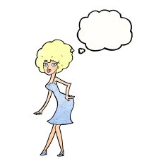 cartoon woman posing in dress with thought bubble N40