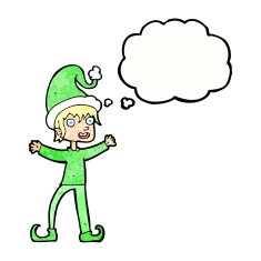 cartoon excited christmas elf with thought bubble N10