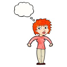 cartoon woman shrugging shoulders with thought bubble N498