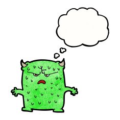 cartoon little alien with thought bubble N10