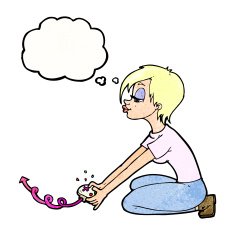 cartoon girl playing computer games with thought bubble N10