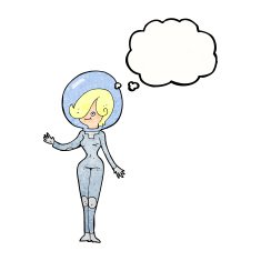 cartoon space woman with thought bubble N32