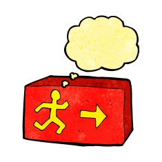 cartoon exit sign with thought bubble N3