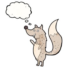 cartoon waving wolf with thought bubble N17