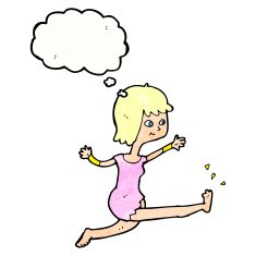 cartoon happy woman kicking with thought bubble N10