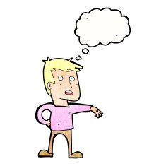 cartoon man making camp gesture with thought bubble N31