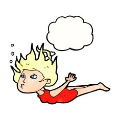 cartoon woman swimming underwater with thought bubble N11