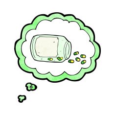 cartoon jar of pills with thought bubble N3