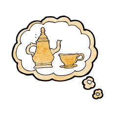 cartoon coffee pot and cup with thought bubble N3