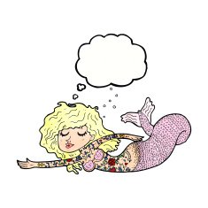 cartoon mermaid covered in tattoos with thought bubble N10