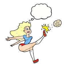 cartoon female soccer player kicking ball with thought bubble N11
