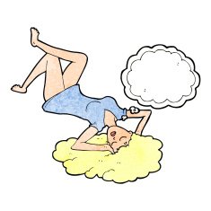 cartoon woman lying on floor with thought bubble N21