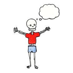 cartoon skeleton in clothes with thought bubble N11