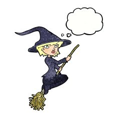 cartoon witch riding broomstick with thought bubble N20