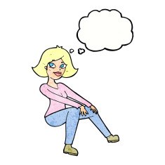 cartoon happywoman sitting with thought bubble N3