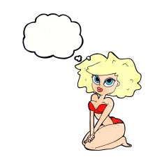 cartoon woman wearing bikini with thought bubble N9