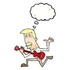 cartoon man playing electric guitar with thought bubble N22