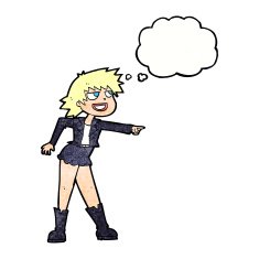 cartoon woman pointing with thought bubble N221