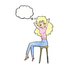 cartoon woman posing on stool with thought bubble N10