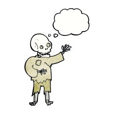 cartoon skeleton waving with thought bubble N11