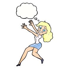 cartoon happy woman jumping with thought bubble N10
