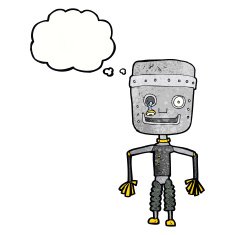 cartoon old robot with thought bubble N10